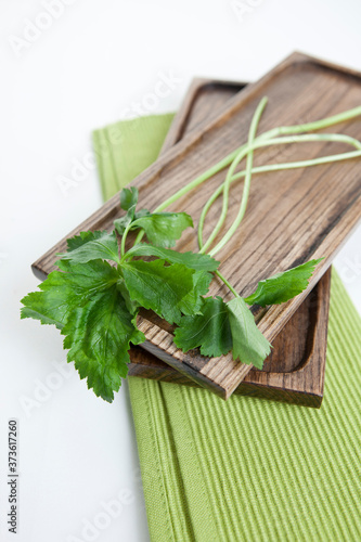 spring vegetables on wooden plate photo