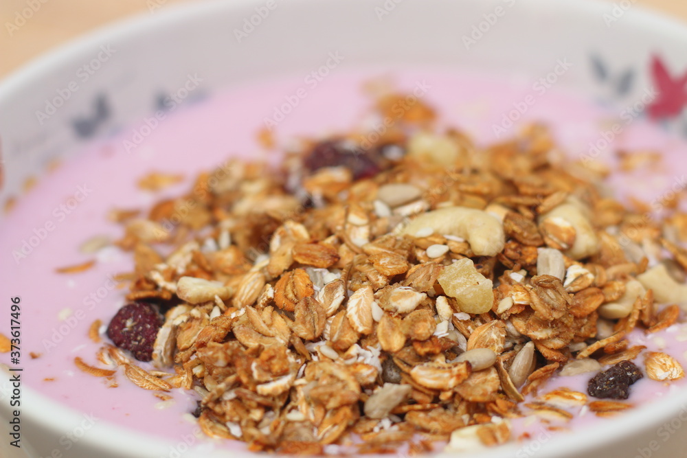 Healthy breakfast. Nuts, cereals, seeds, raisins, candied fruits and milk yogurt Healthy breakfast. Nuts, cereals, seeds, raisins, candied fruits and milk yogurt