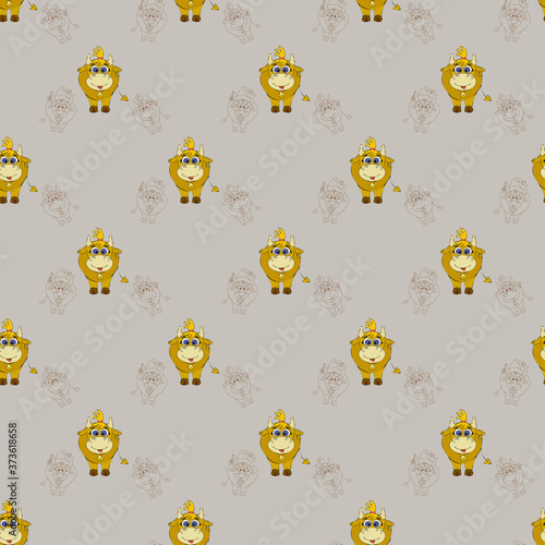 Seamless pattern with a cute horned animal - a yellow cow with a haircut and a bell on the neck on a light background. And outline drawings of a bull and a cow - Symbol of 2021. Vector