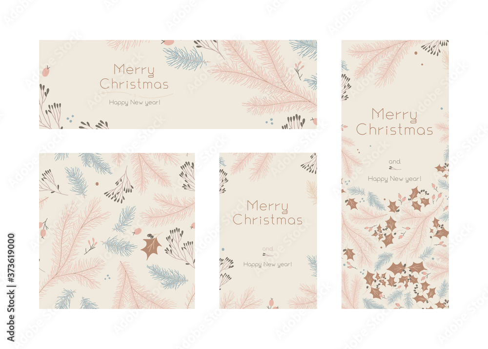 Vintage Christmas banners set with isolated tree branches. Calm winter sale fair — flyer, poster with soft Xmas seamless floral pattern. Old fashioned New Year greeting card. Holiday neutral banners.