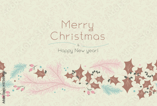 Christmas poster template on calm background. Winter sale fair flyer. Vintage New Year greetings card. Pinecone Xmas soft decorations. Old fashioned Merry Christmas banner with isolated tree branches.