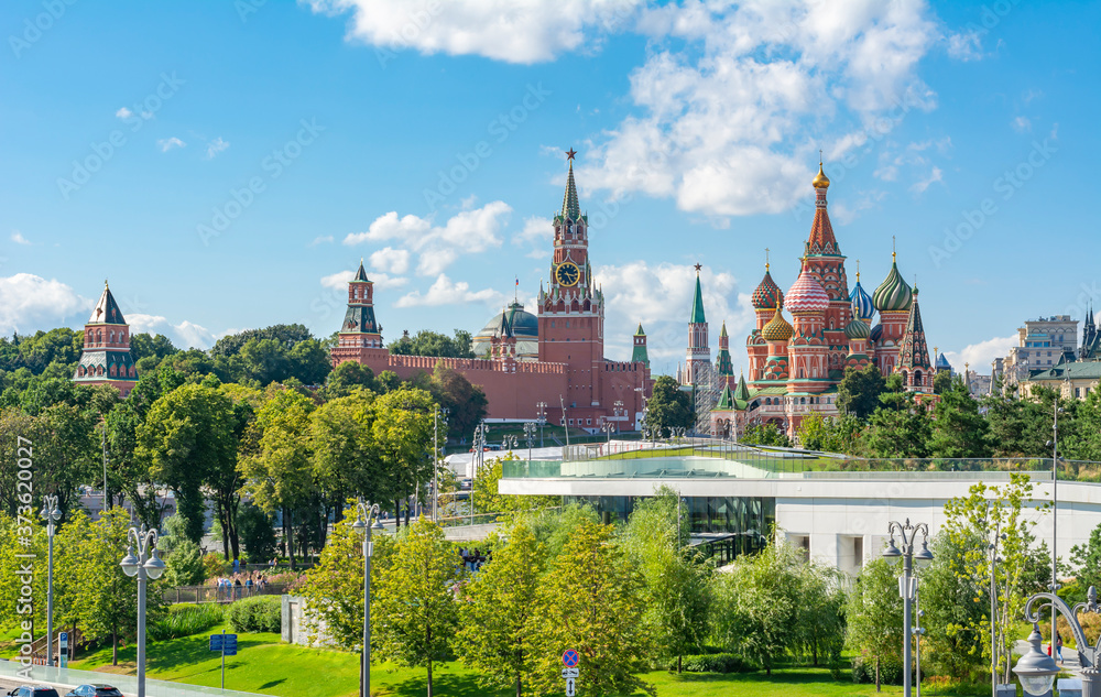 Moscow cityscape with Cathedral of Vasily the Blessed (Saint Basil's Cathedral) and towers of Moscow Kremlin, Russia