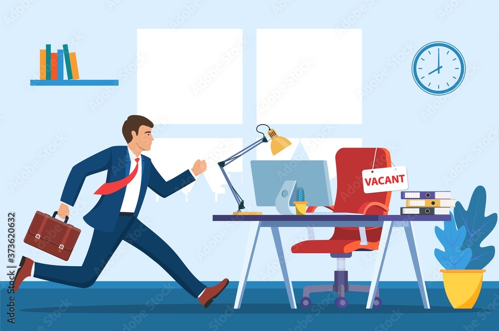 Office chair, sign vacancy. Employee and table with office items. Hiring and recruiting. Human resources management, searching professional staff work. Vector illustration in flat style