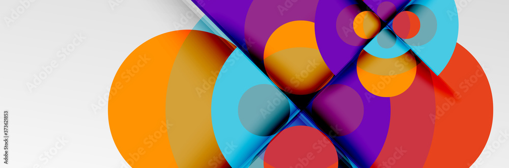 Bright color circles, abstract round shapes and triangles composition with shadow effects. Vector modern geometric design template Bright color circles, abstract round shapes and triangles composition with shadow effects. Vector modern geometric design template