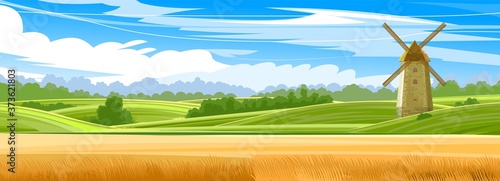 Wheat fields and grass meadows. Hills with blue sky and clouds. Windmill for flour production. Rural landscape. Countryside. Rye, barley, oats. Flat style. Vector illustration.