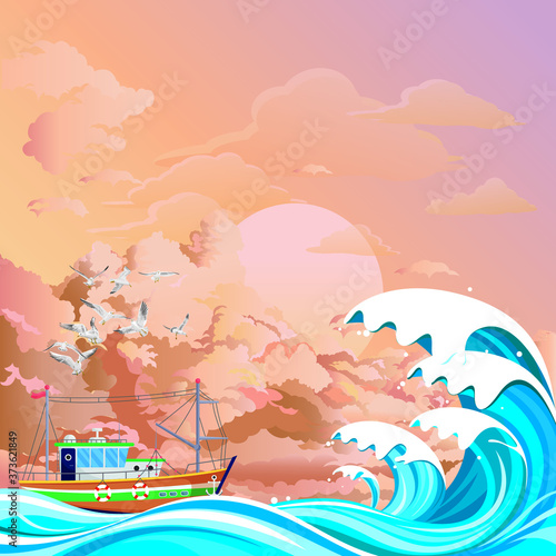 Fishing trawler boat out in rough sea with seagulls overhead set against a dawn or dusk pink sky