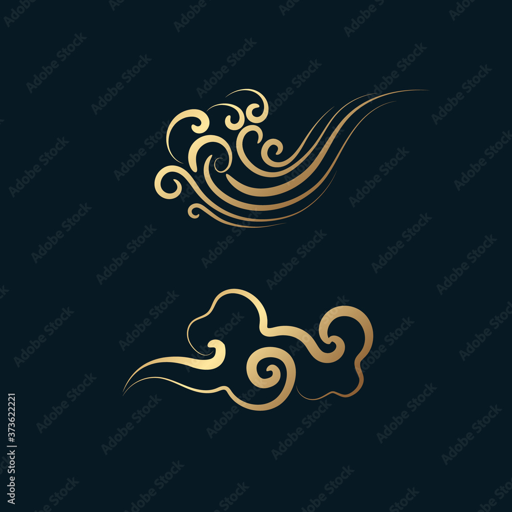 Fototapeta premium Set of gold decorative elements in oriental style with cloud pattern, for korean New Year, thanksgiving day.