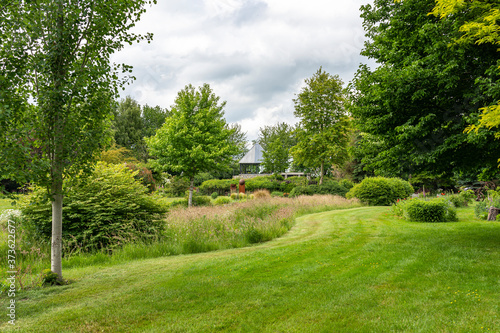 A small stream runs along the short-cut grass and birch trees in the direction of a house in this beautifully designed garden near the village of Harkstede in Groningen
