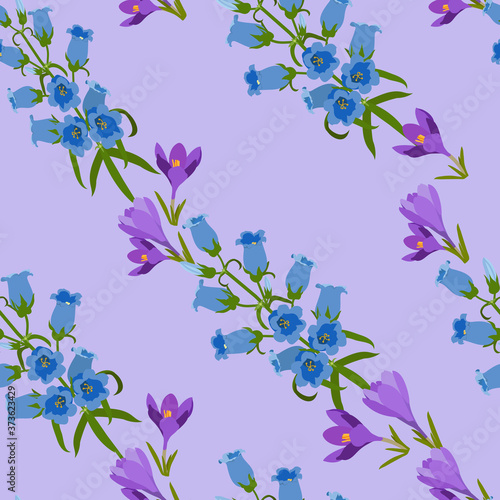 Seamless vector illustration with campanula and crocuses