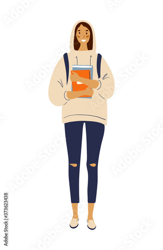 Modern girl student standing with backpack and books. Flat vector female character in hoodie and fashion jeans. Back to school. Flat stock illustration