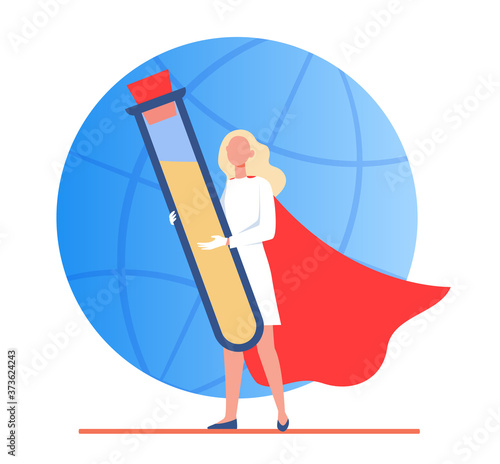 Scientist with virus vaccine. Woman in superhero cape holding glass tube flat vector illustration. Epidemic prevention, scientific development concept for banner, website design or landing web page