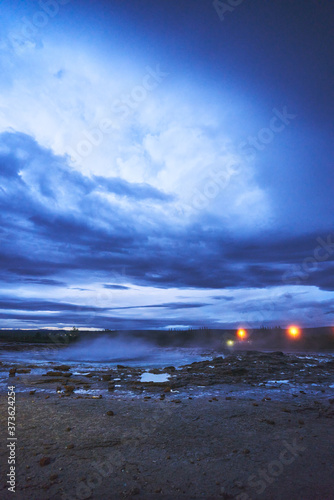 Night landscape in geysir Iceland before the eruption