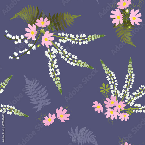 Seamless vector illustration with lily of the valley, lupine flowers and cosme flowers