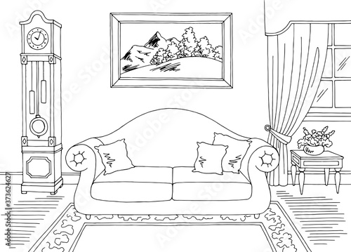 Living room graphic black white classic home interior sketch illustration vector