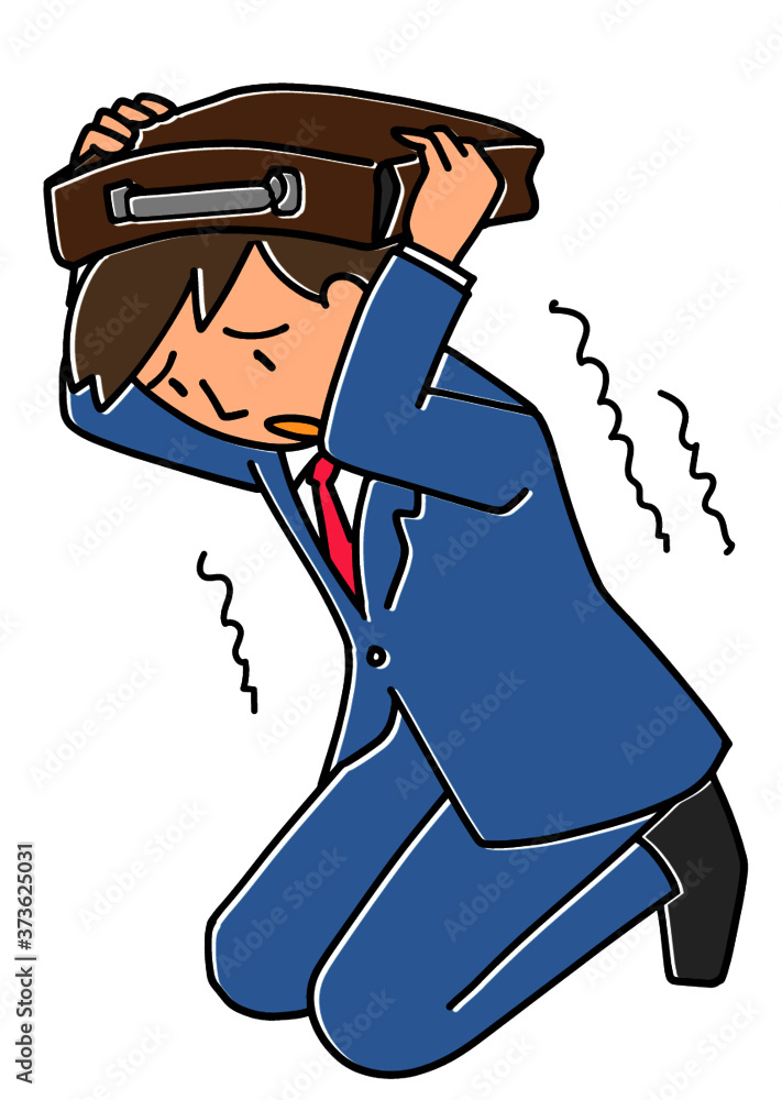 外出先で地震にあい鞄で頭を守る男性 Stock-Vektorgrafik | Adobe Stock