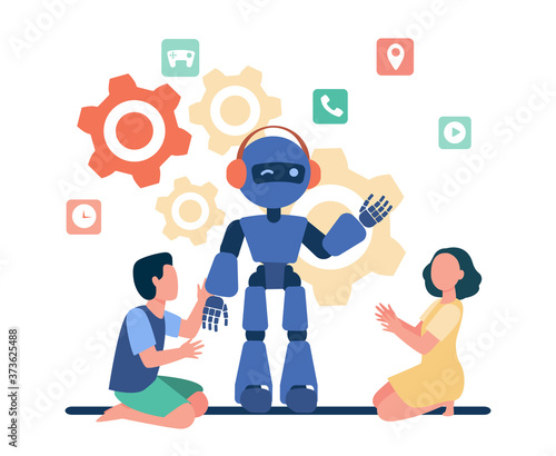 Smart kids spending time with humanoid robot. Schoolchildren, cyborg, robotics class flat vector illustration. School, engineering, education concept for banner, website design or landing web page