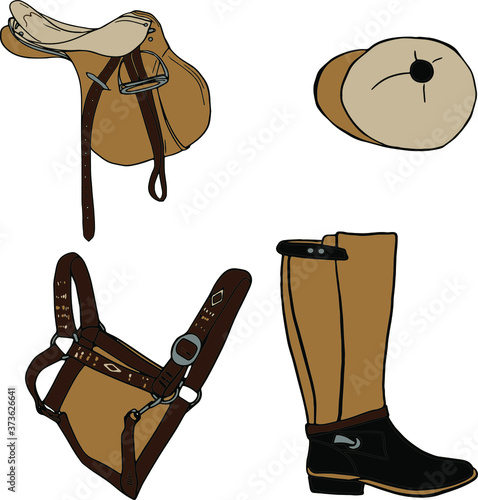 Illustration vector ammunition for horses isolated. Vector image of equestrian equipment for printing on packaging, clothes, store, blank for designers, postcards, logo, shop