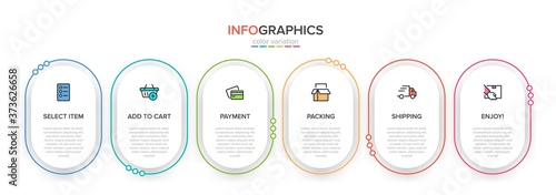 Concept of shopping process with 6 successive steps. Six colorful graphic elements. Timeline design for brochure, presentation, web site. Infographic design layout.