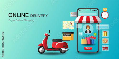 Online shopping on application and website concept, fast scooter service, digital marketing, banner, app, delivery parcels, or food to home and office. Vector illustration.