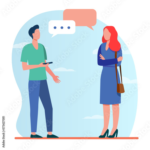 Man with smartphone and woman talking outside. Conversation, speech bubble, asking destination flat vector illustration. Communication concept for banner, website design or landing web page