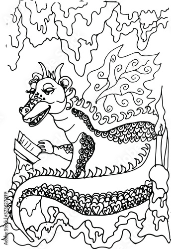 Cute dragon reading a book in a cave. Linear vector illustration. Fabulous sketch.  Coloring page for children and ad