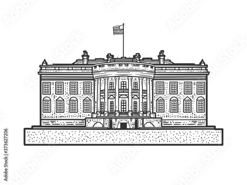 White House sketch engraving vector illustration. T-shirt apparel print design. Scratch board imitation. Black and white hand drawn image.