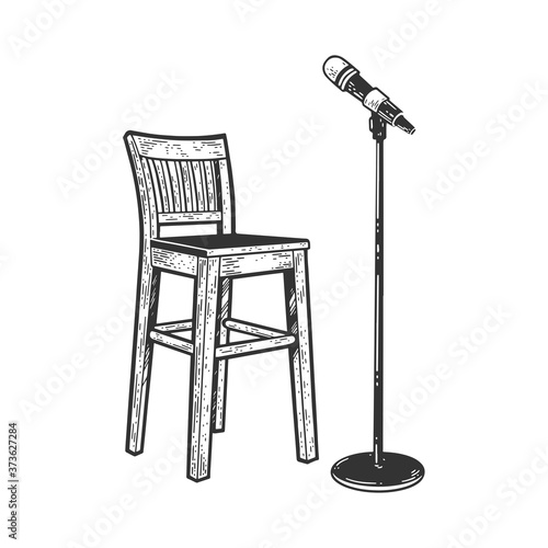 Stand up comedy chair and microphone sketch engraving vector illustration. T-shirt apparel print design. Scratch board imitation. Black and white hand drawn image.