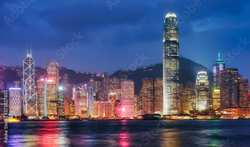 Hong Kong at night, Financial downtow with skyscrapers