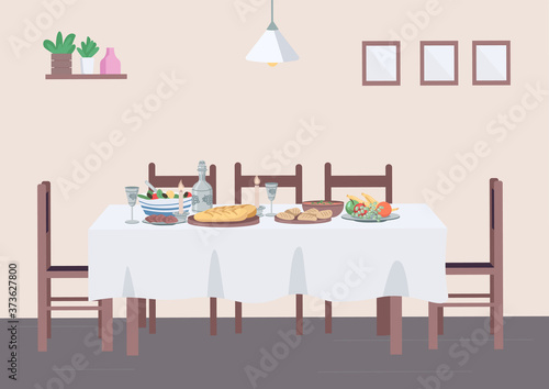 Traditional dinner at home flat color vector illustration. Dining at table and chair in house. Jewish meal with food and wine. Household 2D cartoon interior with wall on background