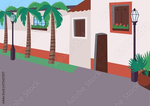 Mexican sidewalk flat color vector illustration. Street with palm trees. Empty daytime traffic road. Resort boulevard for recreation. Mexico 2D cartoon cityscape with building exteriors on background