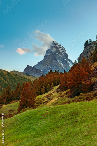 mountain landscape with blue sky Cervino in Autumn