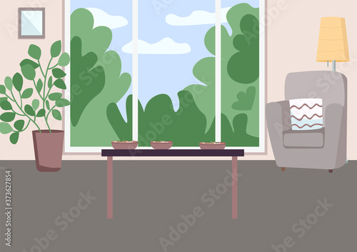 Spacious living room flat color vector illustration. Coffee table with dishes. Asian lunch for family. Weekend meal for relaxation. Empty room 2D cartoon interior with wall window on background