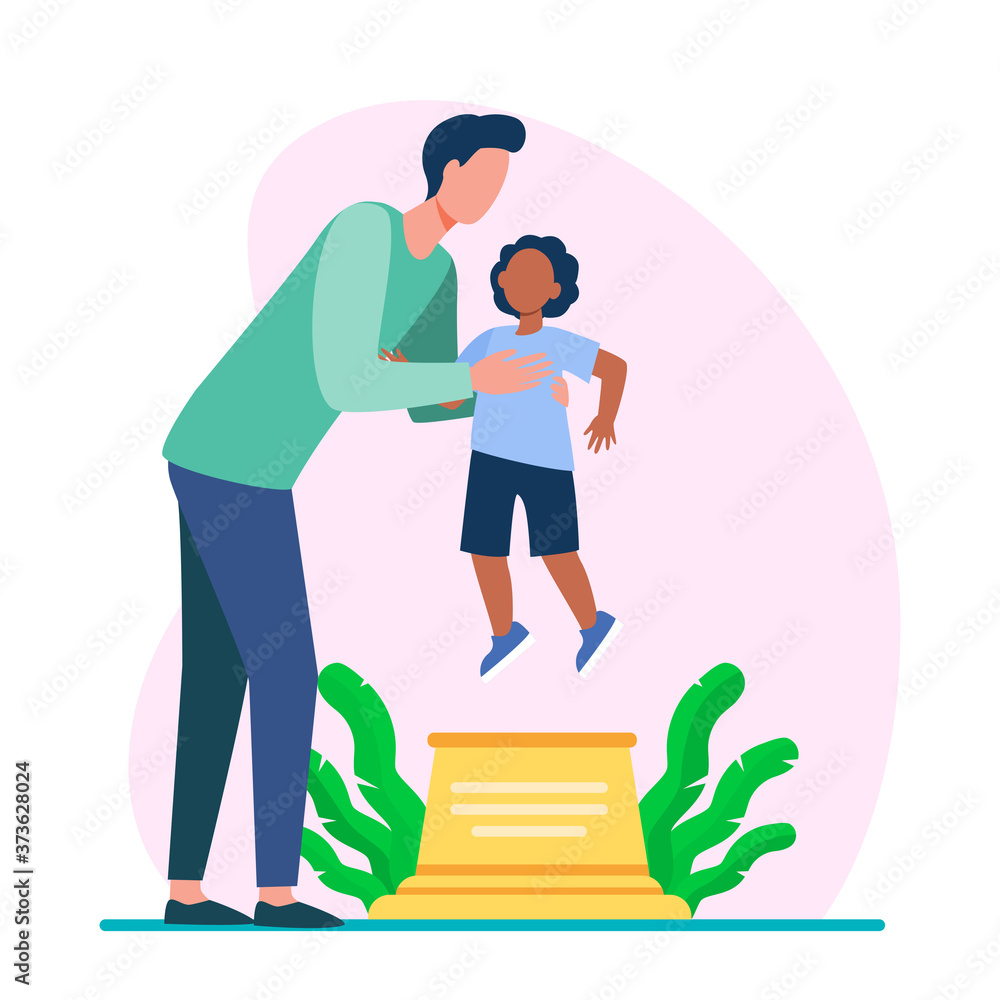 Dad placing son on pedestal. Caucasian man holding dark skinned kid in arms flat vector illustration. Parenthood, childhood, adoption concept for banner, website design or landing web page