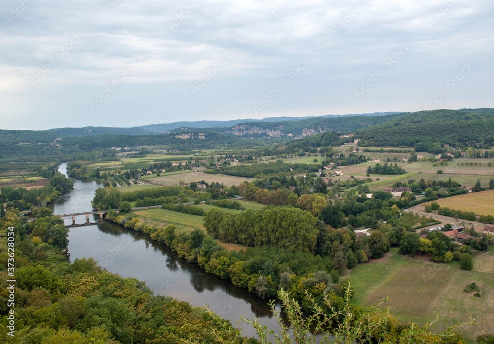 Naklejka premium View of the River Dordogne and the Dordogne Valley from the walls of the old town of Domme, Dordogne, France