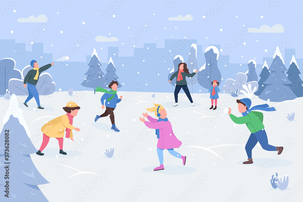 Snowball fight semi flat vector illustration. WInter activity for entertainment outside. Kids play with adults in snowfall. Children have fun. Family 2D cartoon characters for commercial use Snowball fight semi flat vector illustration. WInter activity for entertainment outside. Kids play with adults in snowfall. Children have fun. Family 2D cartoon characters for commercial use