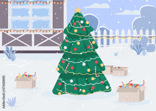 Christmas eve flat color vector illustration. Home backyard in december. Snowfall on New Year day. Ribbons, garlands in house yard. Christmas tree 2D cartoon object with landscape on background