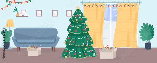 Christmas house semi flat vector illustration. New Year eve in household. Christmas tree for family decoration. Winter holiday. Toys and garland. Festive 2D cartoon interior for commercial use