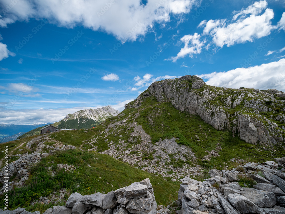 trench on Carnic Alps, site of battles between the Italian and Austrian armies in the World War 1. Passo di Monte Croce, Pal Piccolo, Friuli Venezia Giulia, Italy