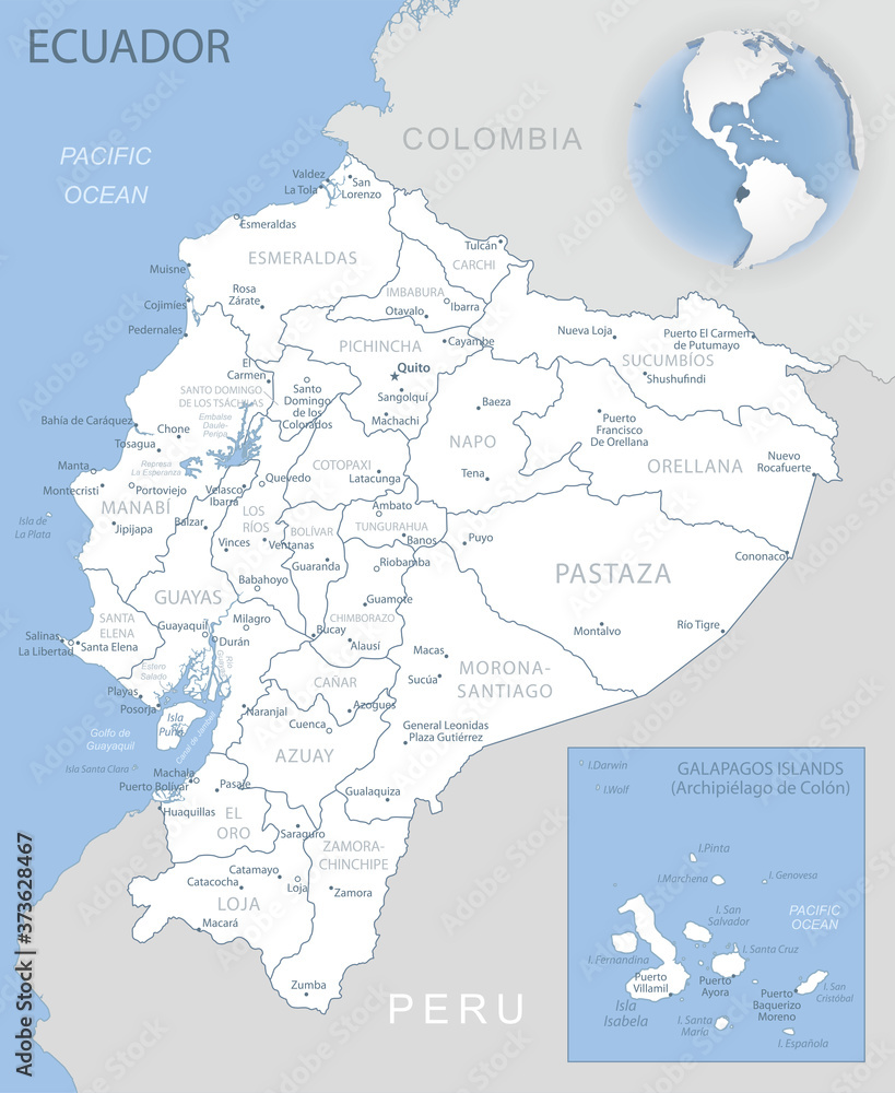 Blue-gray detailed map of Ecuador administrative divisions and location on the globe.