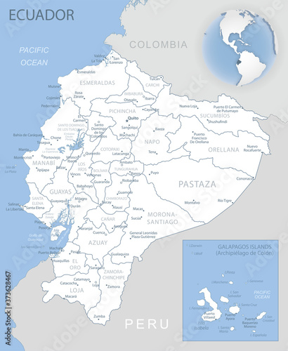 Blue-gray detailed map of Ecuador administrative divisions and location on the globe.
