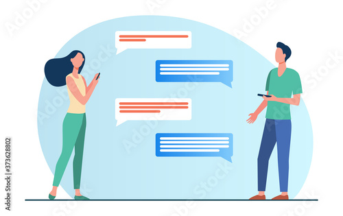 Man and woman chatting online. People using mobile phones, speech bubble, distance flat vector illustration. Communication, internet concept for banner, website design or landing web page
