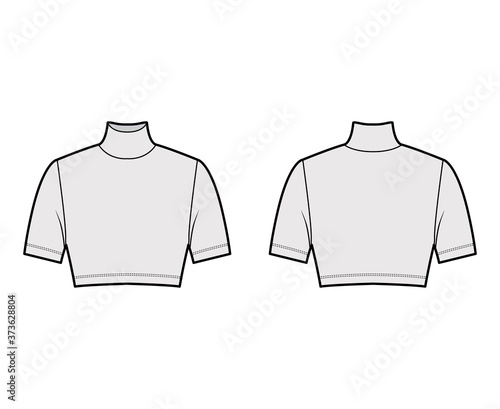 Cropped turtleneck jersey sweater technical fashion illustration with short sleeves, close-fitting shape. Flat outwear jumper apparel template front back white color. Women men unisex shirt top mockup