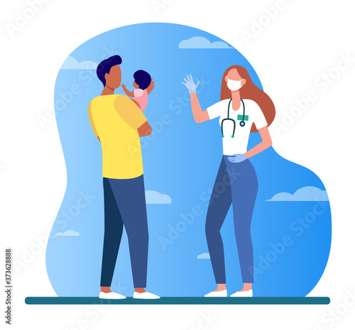 Dad with little son visiting pediatrician. Doctor wearing mask and gloves flat vector illustration. Epidemic, pandemic, covid concept for banner, website design or landing web page