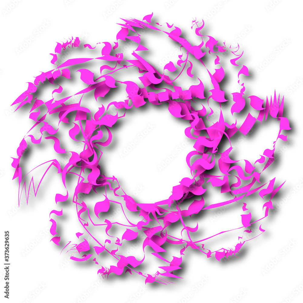 round frame of purple petals and curls with a shadow on a white background
