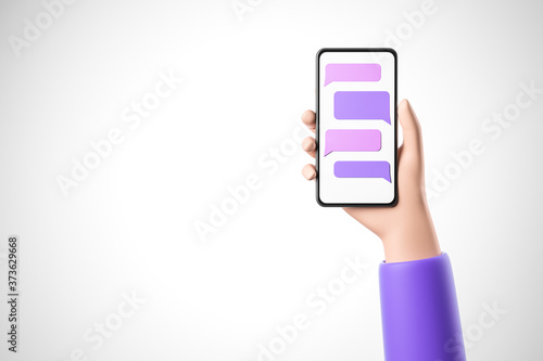 Cartoon hand in violet shirt holding smartphone with messenger window with purple chat boxes over white background.  Social network and mobile communication concept.