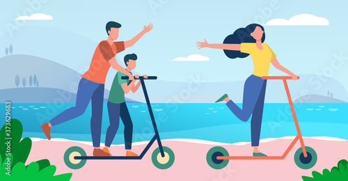 Family enjoying activities at seaside. Parents and kid riding scooter by sea flat vector illustration. Vacation, summer, holiday concept for banner, website design or landing web page