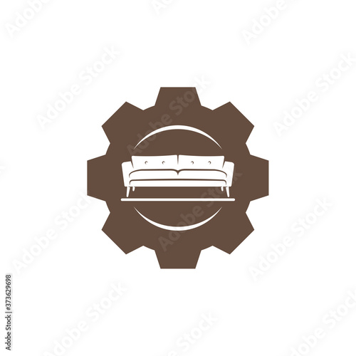 Gear with Furniture Logo Design Vector Template. Symbol and icon of home furnishings.