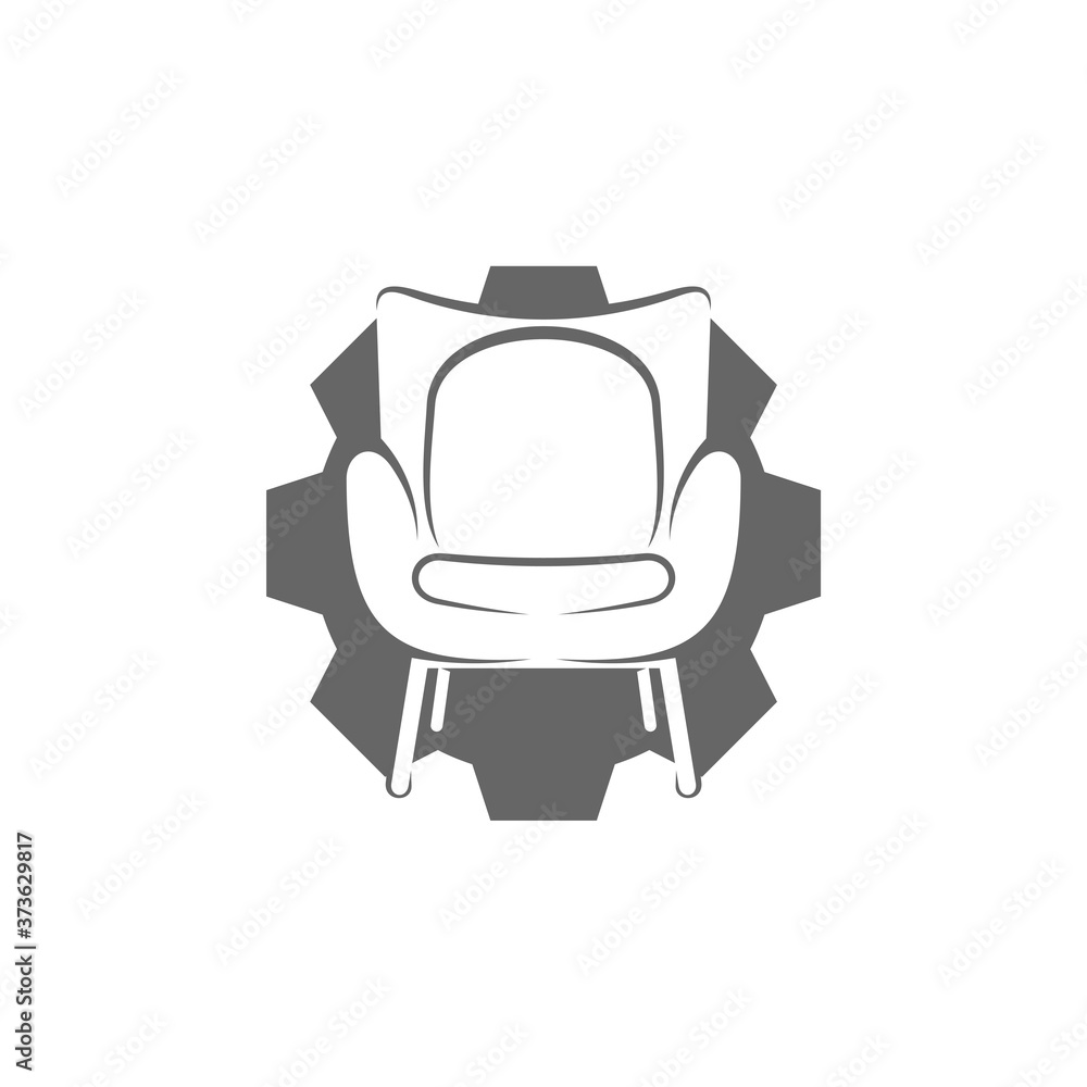 Gear with Furniture Logo Design Vector Template. Symbol and icon of home furnishings. Gear with Furniture Logo Design Vector Template. Symbol and icon of home furnishings.