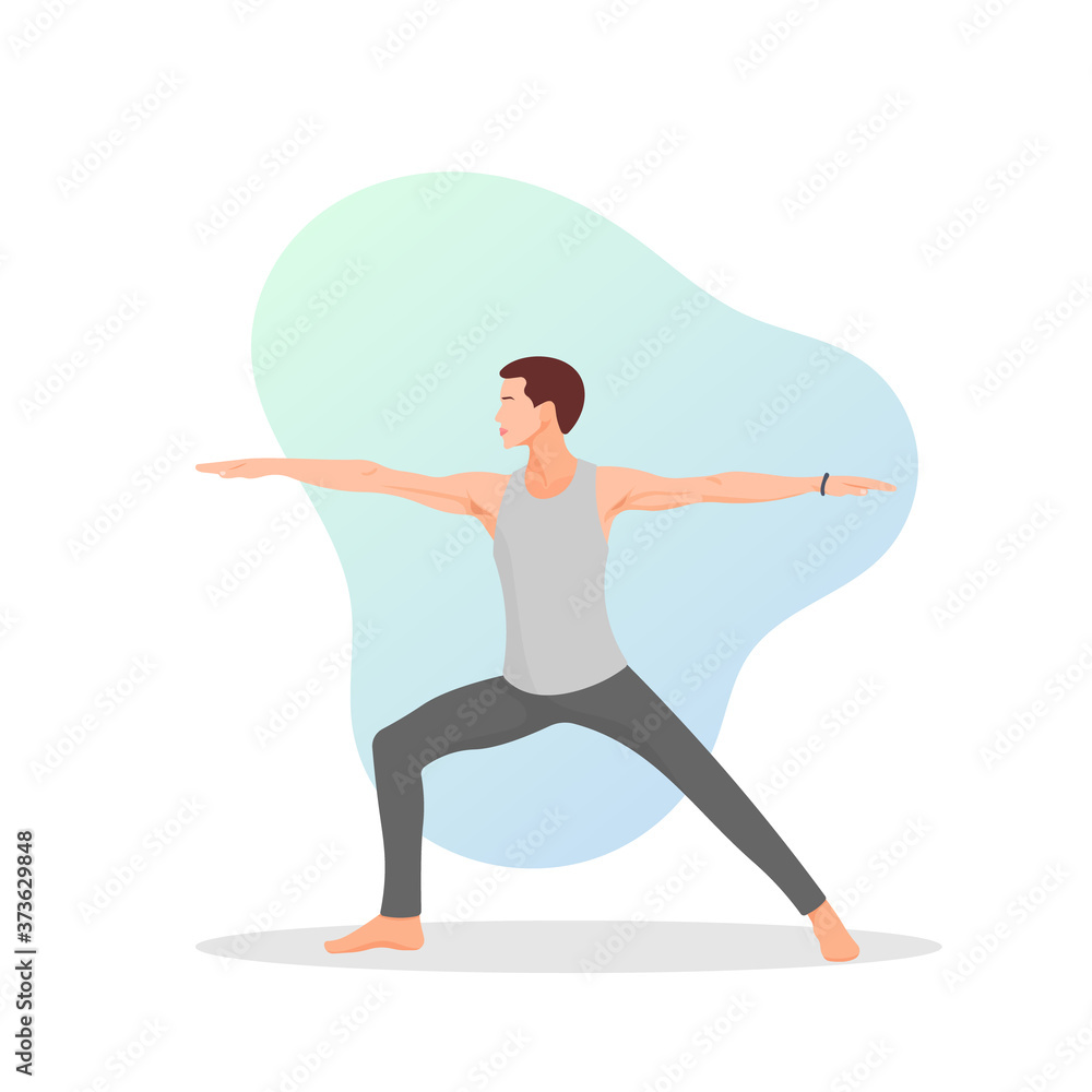 Young adult yogi doing yoga pose. Standing man meditating. Meditation icon symbol concept. Stress relief. Mental health exercise. Peaceful and calm. Balance - Flat vector character illustration. Young adult yogi doing yoga pose. Standing man meditating. Meditation icon symbol concept. Stress relief. Mental health exercise. Peaceful and calm. Balance - Flat vector character illustration.