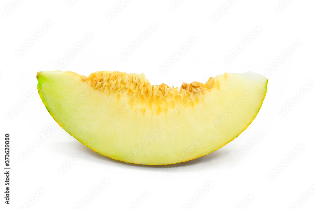 Piece of ripe melon with seeds close-up on white background Piece of ripe melon with seeds close-up on white background